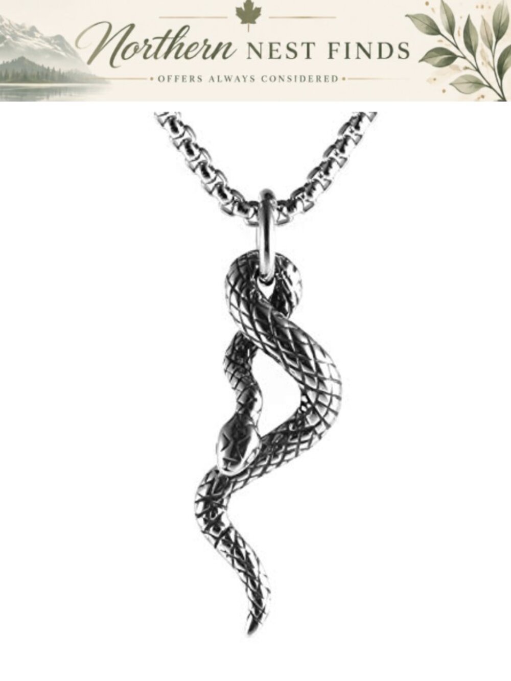 Stainless Steel Gothic Snake Pendant Necklace 22 Inch Chain